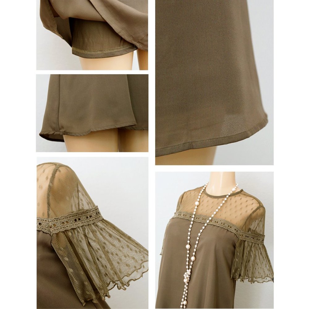 Olive Green Polka Dot Mesh Yoke Ruffle Shift Dress - Picture 6 of 8